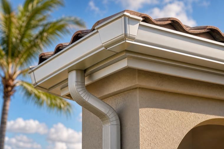 Close-up detail of a formed metal gutter and downspout.