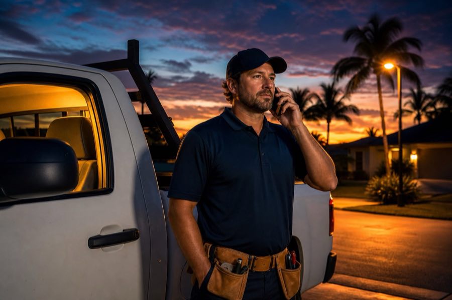 Top Tier Roofing foreman taking an after-hours emergency call at dusk.