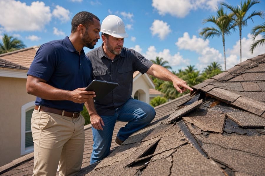 Top Tier Roofing foreman documenting storm damage on a Florida roof.